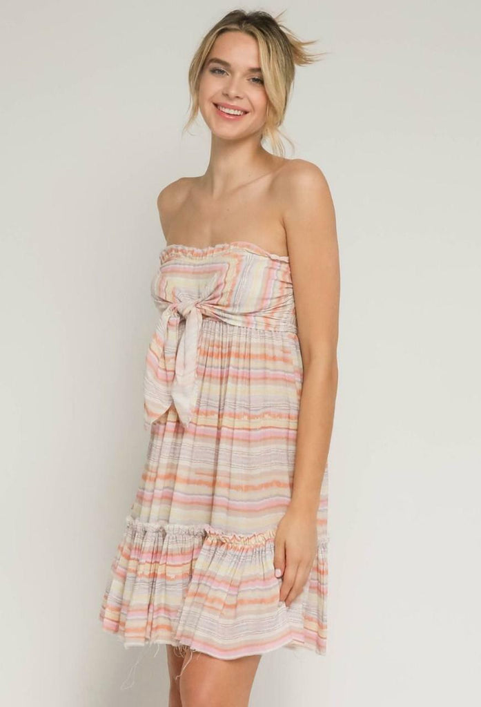 Canyon Sunset Blush Multi Stripe Strapless Mini Dress -  BohoPink