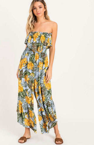 Plum Island Mustard Palm Print Strapless Culotte Jumpsuit - Front View