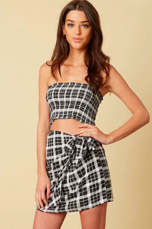 Tatum Black Plaid Two-Piece Mini Dress - Smocked Tube Top & Faux Wrap Skirt - Size S - Cotton Candy LA Tatum Black Plaid Two-Piece Mini Dress - Smocked Tube Top & Faux Wrap Skirt - Size S - Cotton Candy LA