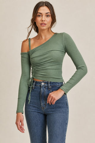 Lush Angie Olive One-Shoulder Ruched Crop Top styled with jeans
