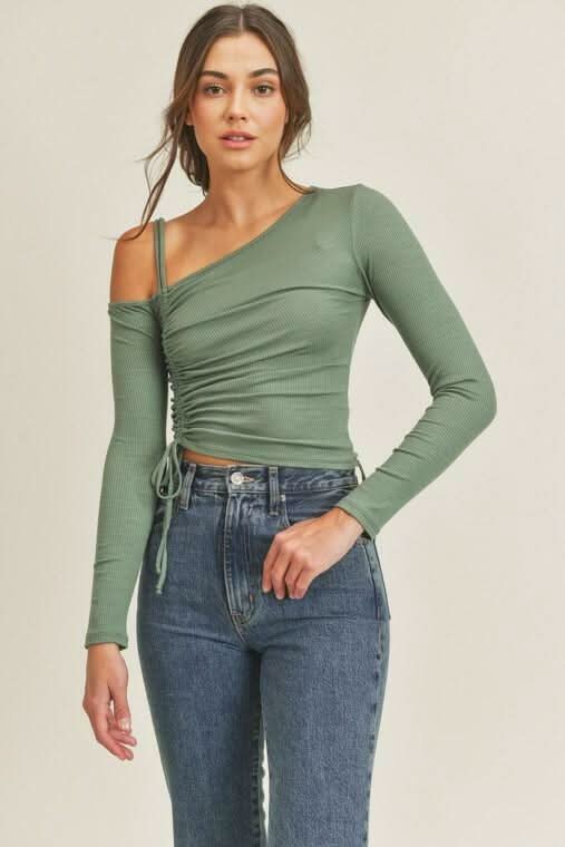 Lush Angie Olive One Shoulder Ruched Crop Top -  BohoPink