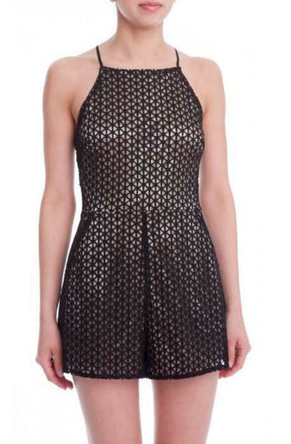 LUSH Summer Nights black lace halter romper with champagne lining and adjustable tie-back | Boho Pink