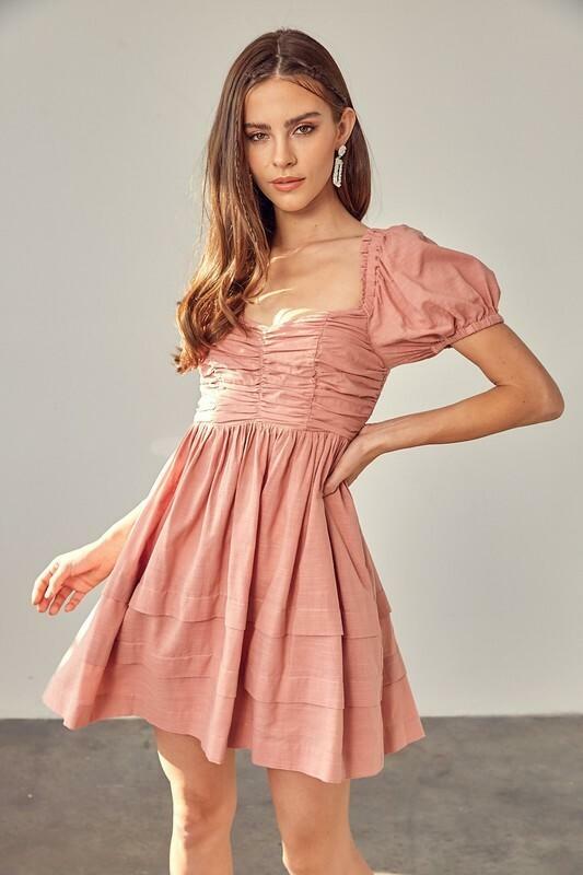 Rose Ruched Puff Sleeve Mini Dress 