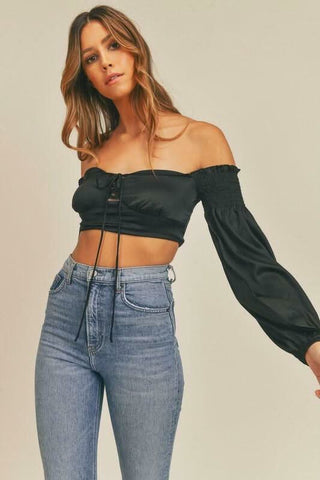 Black Satin Long Sleeve Crop Top