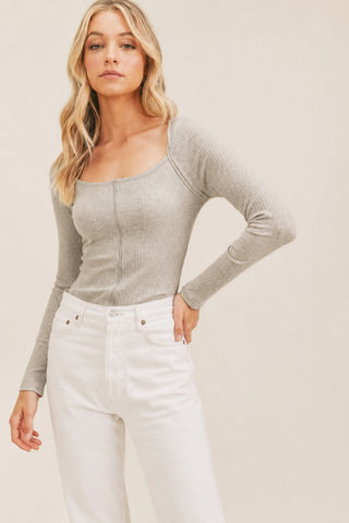 Lush Missing You Heather Grey Ribbed Long Sleeve Top - Front View