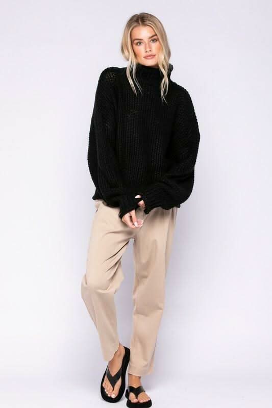 Yata Black Funnel Neck Knit Sweater a black chunky sweater