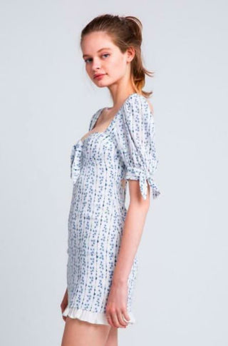 Tory White and Blue Floral Puff Sleeve Mini Dress - Side View
