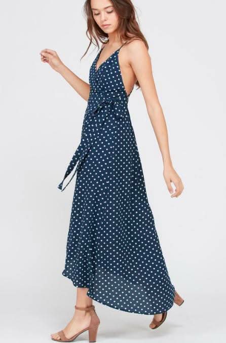 Dorothea Navy Blue Polka Dot Backless Maxi Dress - Size M - Lightweight Wrap Bodice with High Low Hem - Wishlist Dorothea Navy Blue Polka Dot Backless Maxi Dress - Size M - Lightweight Wrap Bodice with High Low Hem - Wishlist