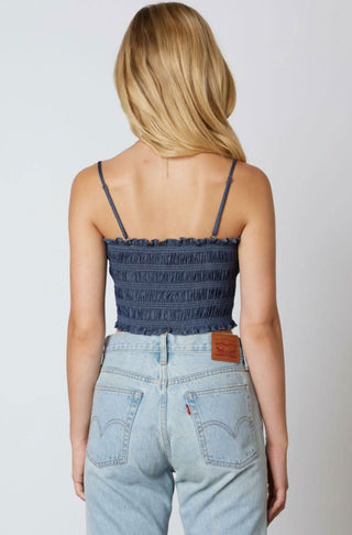 Vicky Denim Smocked Drawstring Cropped Tank Top back view
