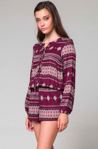 Burgundy Boho Print Long Sleeve Romper - Front View