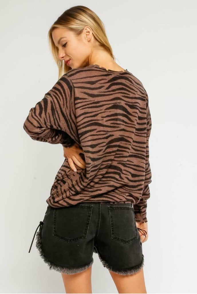 Brown and Black Zebra Print Distressed Sweater