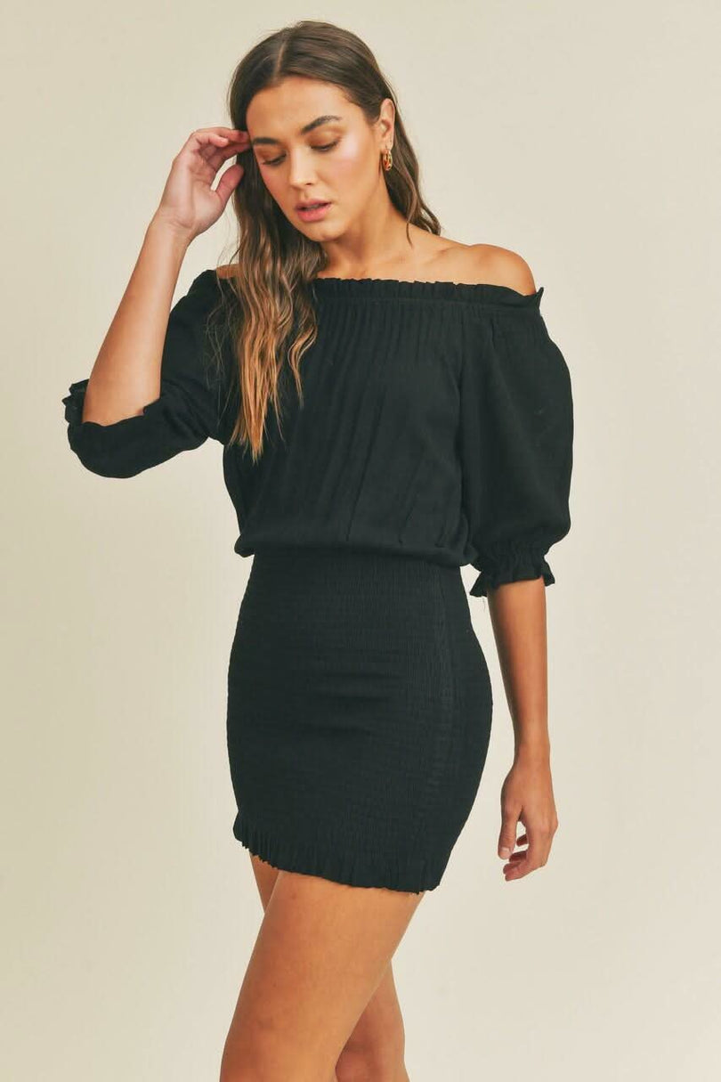 Look So Good Black Off Shoulder Blouson Mini Dress -  BohoPink