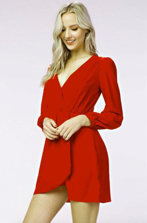 Red Long Sleeve Wrap Mini Dress