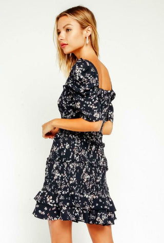 Naomi Navy Floral Smocked Puff Sleeve Mini Dress back