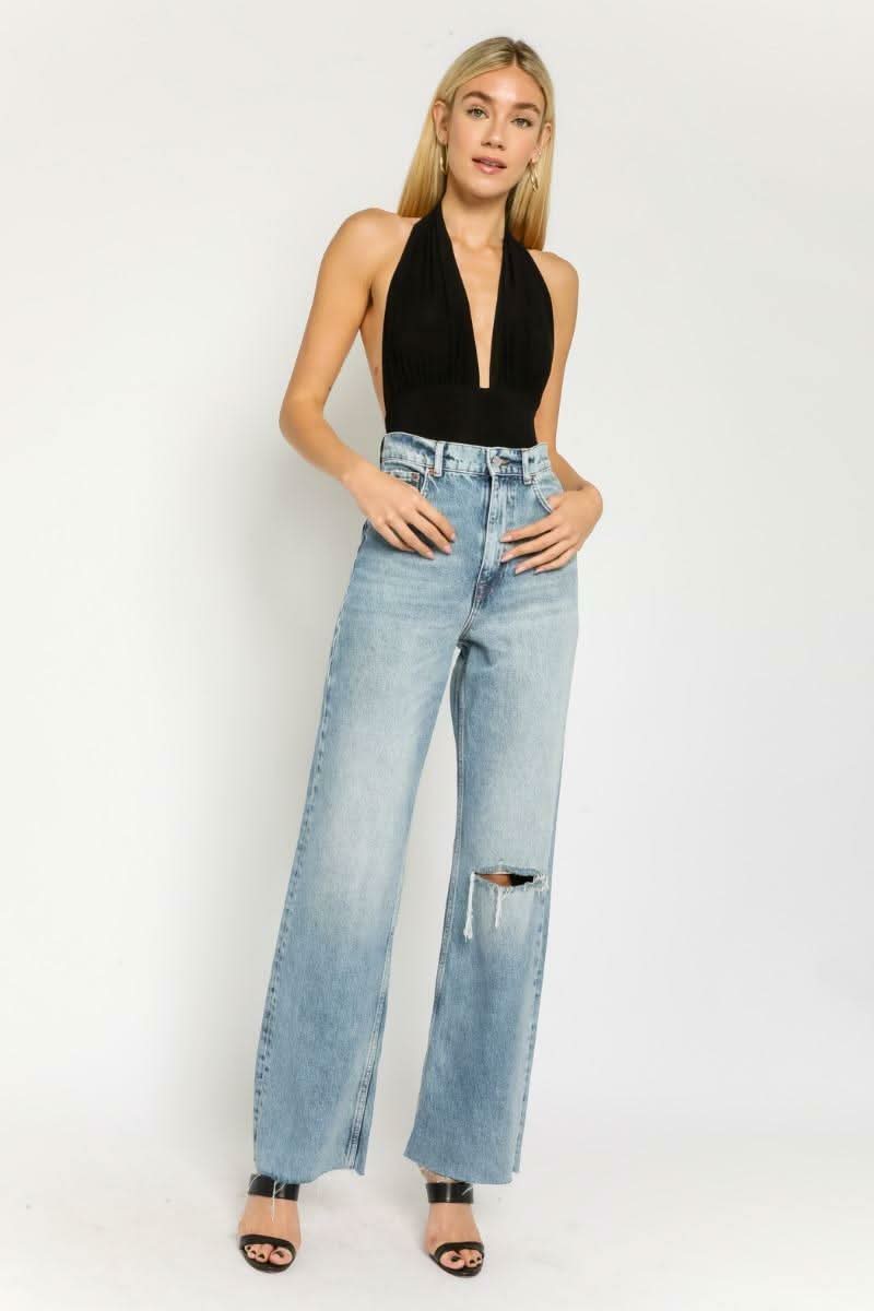 Evelyn Black Plunge Halter Bodysuit -  BohoPink