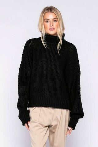 Yata Black Funnel Neck Knit Sweater - Front View