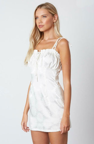 White floral satin mini dress with empire waist - side view
