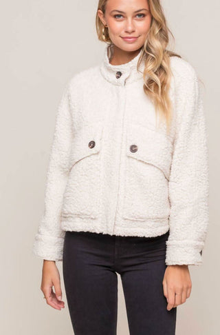 Off White Mandarin Teddy Collar Jacket