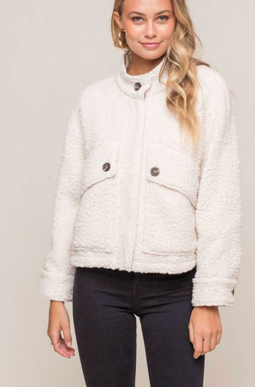 Off White Mandarin Teddy Collar Jacket