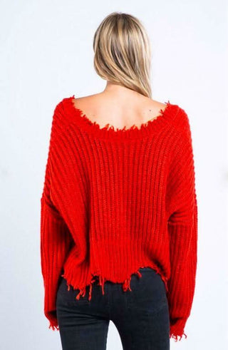 Lexi Red Ripped Sweater - Back View
