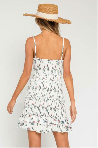 Rhea White and Red Floral Smocked Ruffle Mini Dress back view