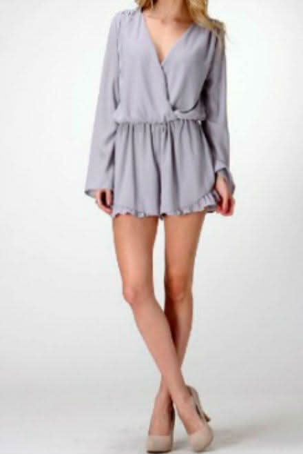 Lola Grey Bell Sleeve Surplice Romper -  BohoPink