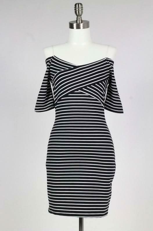 Black and white striped off-the-shoulder bodycon mini dress with half sleeves displayed on a mannequin | Boho Pink
