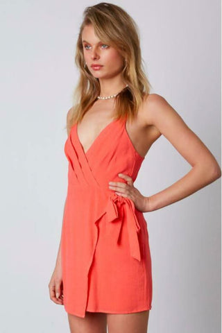 Coral faux wrap mini dress with cami straps