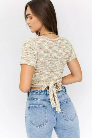 Cindy Olive Space Dye Short Sleeve Cropped Wrap Sweater - Back View