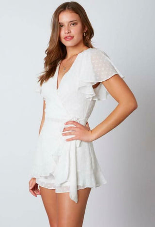 White backless wrap romper with flutter sleeves