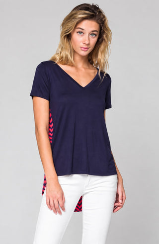 Honey Punch Navy Chevron Print High Low Tee - Front View