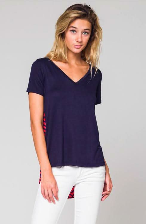 Honey Punch Navy Chevron Print High Low Tee - Front View