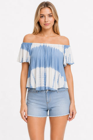 Light Blue Off-the-shoulder tie dye top - Font View