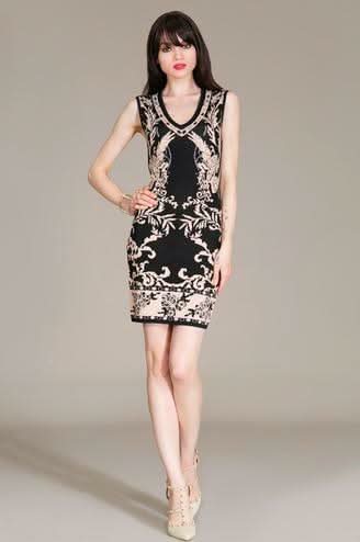 Jealous Tomato Anthi Black Floral Bodycon Sweater Dress - V-Neck, Sleeveless, Gold & Black Silk Scarf Print - Size M Jealous Tomato Anthi Black Floral Bodycon Sweater Dress - V-Neck, Sleeveless, Gold & Black Silk Scarf Print - Size M