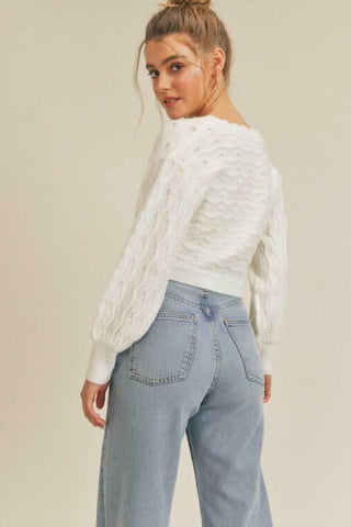 Lush White Pointelle Knit Cropped Cardigan Sweater - Back View