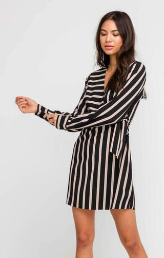 Joanna Black and Taupe Stripe Wrap Dress  - Angle Side View