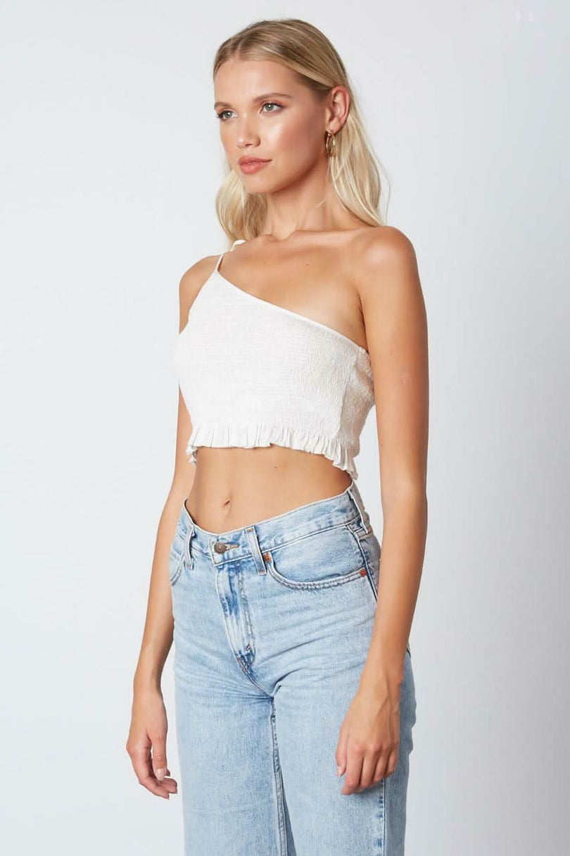 Kayla White Smocked One-Shoulder Crop Top -  BohoPink