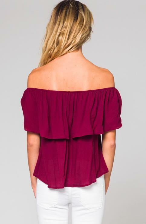 Burgundy Ruffle Overlay Off-the-Shoulder Top