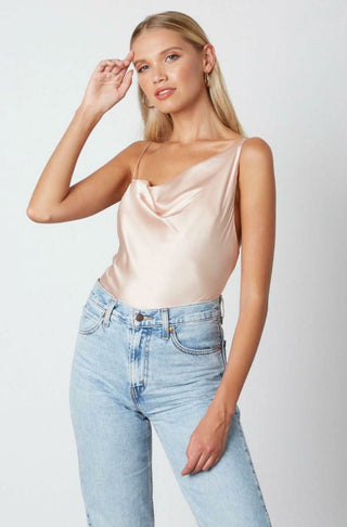 Gabrielle Champagne Satin Asymmetric Cami Top outfit view