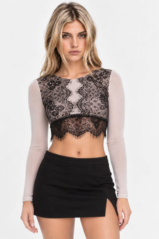 Can't Get Enough Tan and Black Lace  Crop Top - Front View