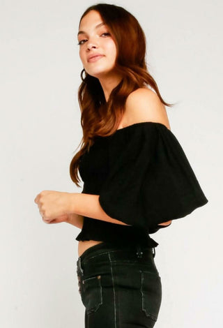 Stevie Black Off-the-Shoulder Bubble Sleeve Smocked Top - Side View