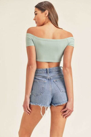 Bailey Sage Drawstring Off-the-Shoulder Crop Top -  BohoPink