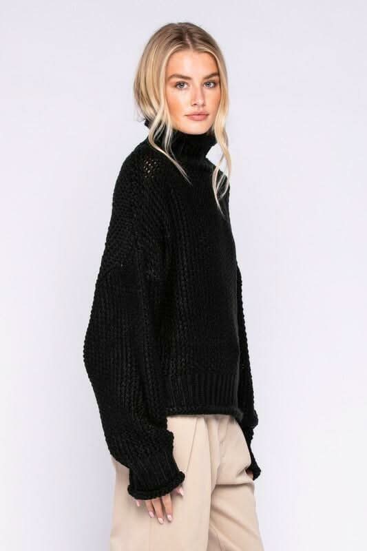 Yata Black Funnel Neck Knit Sweater side view black turtleneck