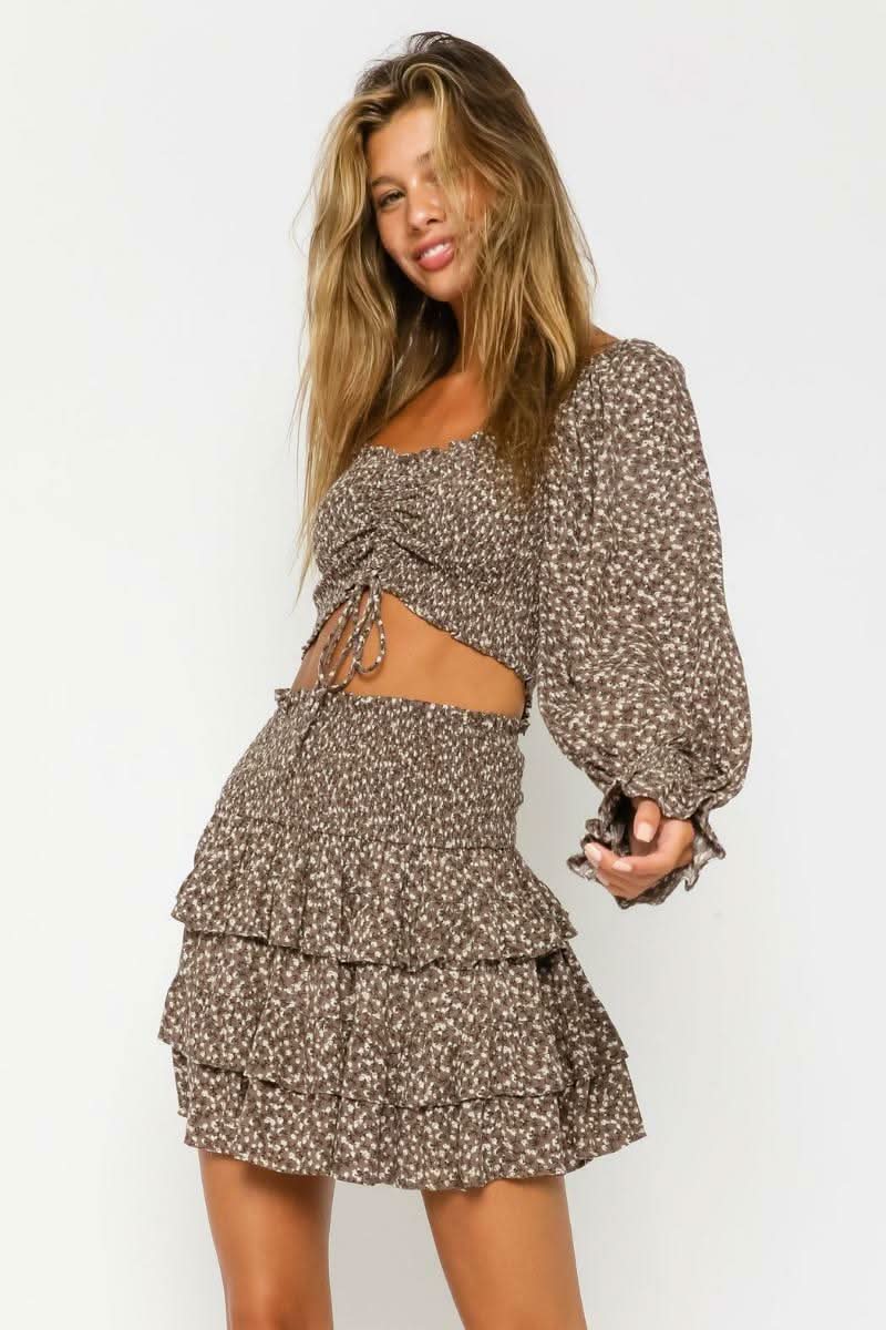Olivaceous Give Me Fever Mocha Print Two-Piece Dress - Size M - Boho Crop Top & Mini Skirt Set - Off-Shoulder - Ruffle Tiered - Rayon Olivaceous Give Me Fever Mocha Print Two-Piece Dress - Size M - Boho Crop Top & Mini Skirt Set - Off-Shoulder - Ruffle Tiered - Rayon