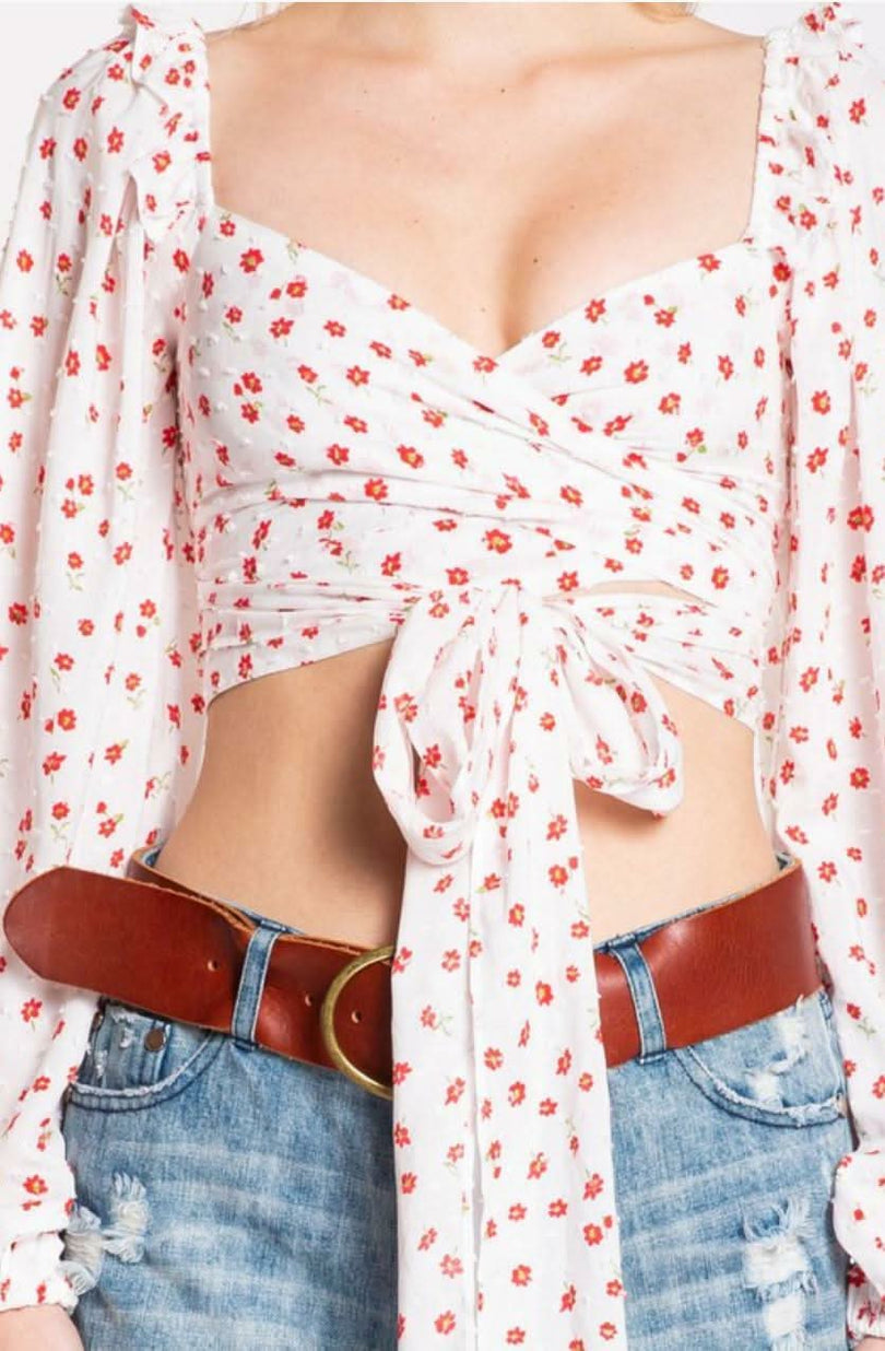 Signs Of Spring White And Red Floral Crop Top a cute long sleeve crop top