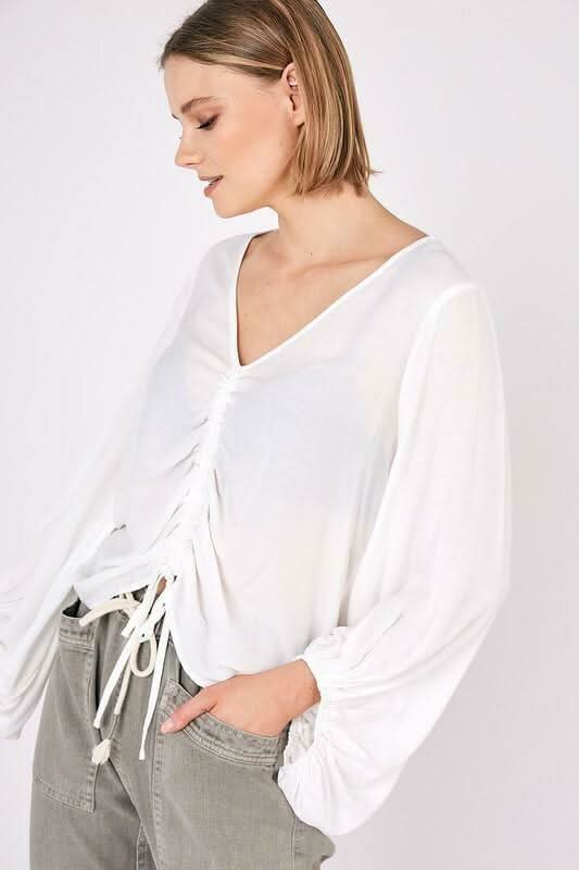 Don't Turn Back White Shirred Long Sleeve Top -  BohoPink