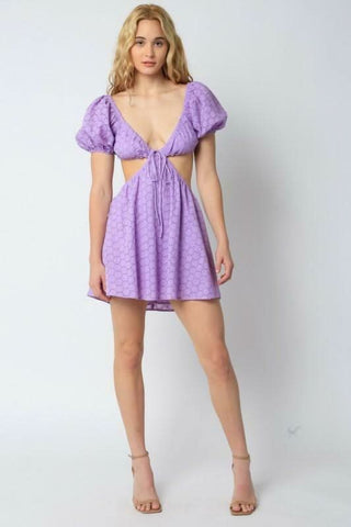 lavender puff sleeve boho dress with V-neckline and cutout waist