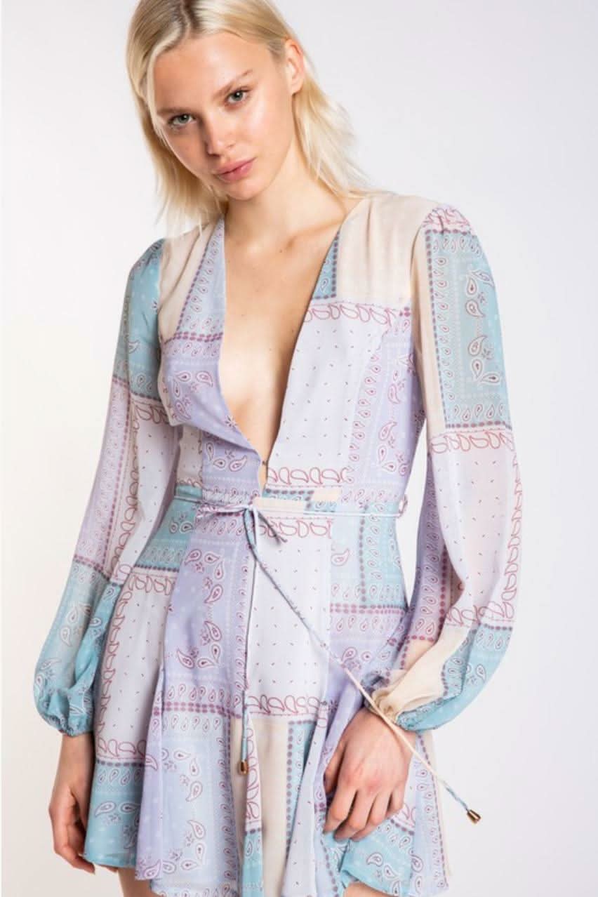 Lavender Patchwork Print Long Sleeve smocked mini dresses for women