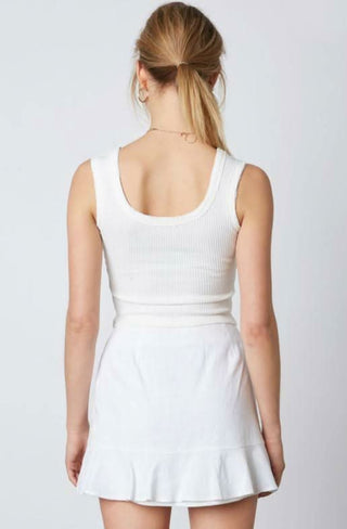 White ruffle hem mini skirt back view
