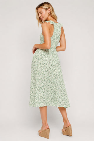 Iris Green Floral Print Smocked Culotte Jumpsuit - Back View
